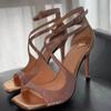 Fashion Pink Bling Cross Tied Brand Heeled Sandals Women Fashion Square Toe Ankle Buckle Design Slide Sandals Luxury Party Dress Shoes