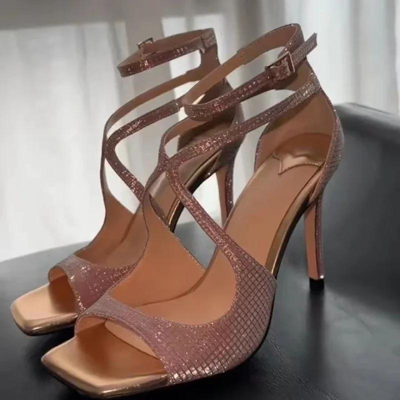 Fashion Pink Bling Cross Tied Brand Heeled Sandals Women Fashion Square Toe Ankle Buckle Design Slide Sandals Luxury Party Dress Shoes