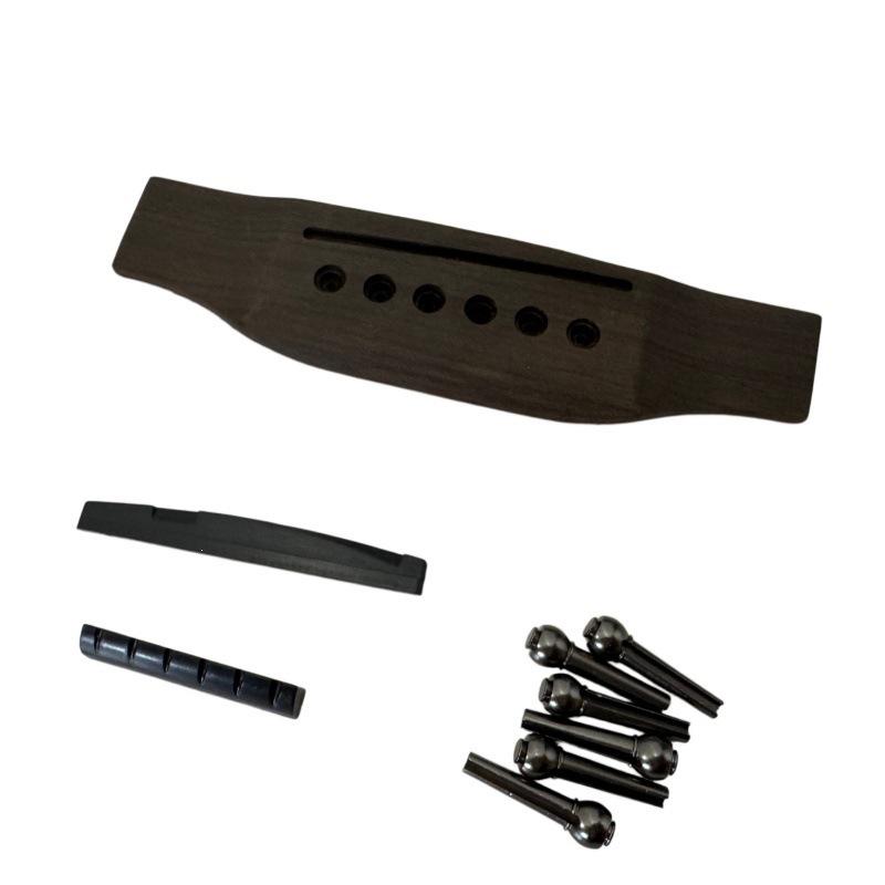 Solid Wood Guitar Bridge Set: Includes Saddle, String Pins, Upper & Lower Nut, Copper String Pin Set