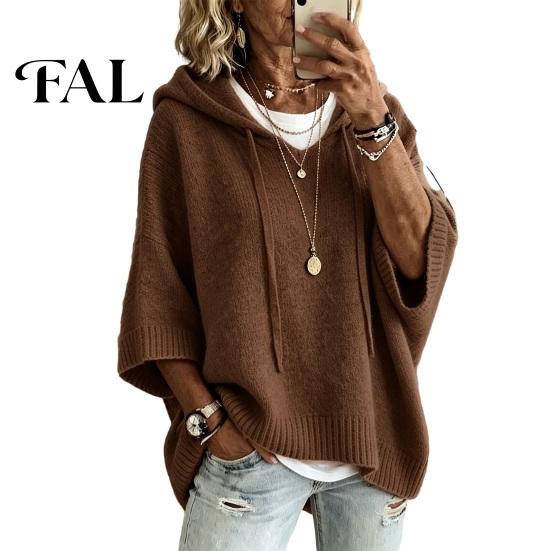 Women Winter Sweater Autumn Knit Pullover Sweater, Loose Fit Drawstring Hooded Casual 3/4 Sleeve Drop Shoulder Solid Color Long Tops