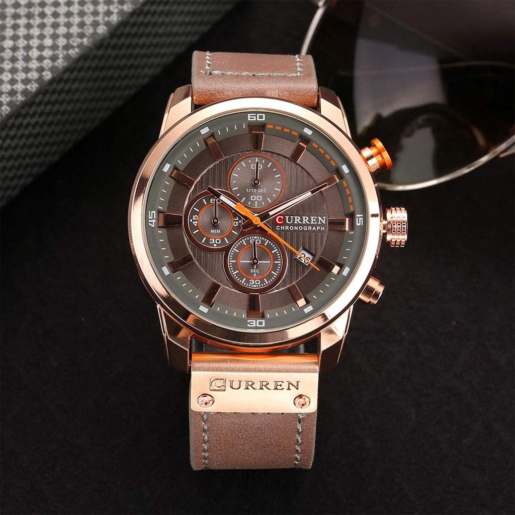 Men's Leather Strap Military Watch Men's Chronograph Waterproof Sport Wrist Date Quartz Wristwatch Gift (Gold Braun), Gold Braun, Chronograph, Quartz