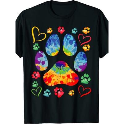 European Sizes Cute Tie Dye Dog Paw Love Heart Print Colorful Pet Dog Lover T-Shirt1 T-Shirt Men'S Personality Design Black T-shirt