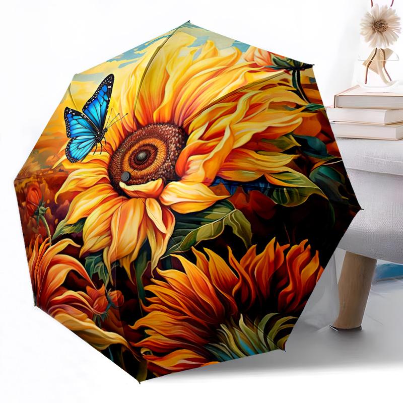 Sunflower Garden Pattern Outdoor Automatic Umbrella Compact 8-Rib Lightweight Durable Everyday Carry Umbrella Accessory Stylish Gift Women