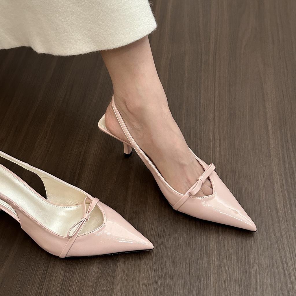 Black patent leather pointed high heels women's bag head sandals women's spring and summer bow thin heel empty shoes