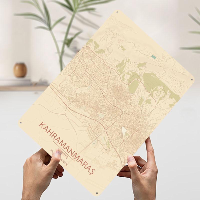 Kahramanmaras Trkiye Vintage Style Map Printing Poster Customized Retro Wall Art Vintage Metal Signs for Room Gaming Decoration