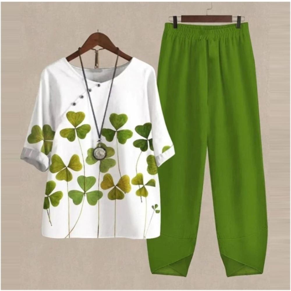 Women's Casual Two-Piece Floral Print Outfit Five-Point Sleeve Tops and Elastic Waist Pants Set