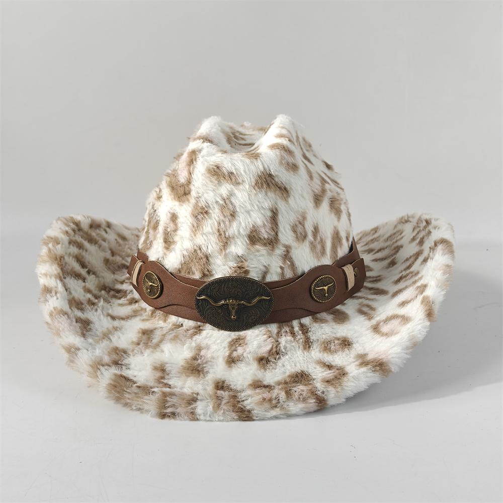 Chapeau de Cowboy en Fourrure de Lapin Imprimé Léopard 7,5 cm Fedora Western Cowboy Chapeau Panama Mode Voyage Fête Chapeau de Cowboy Chaud pour Hommes et Femmes