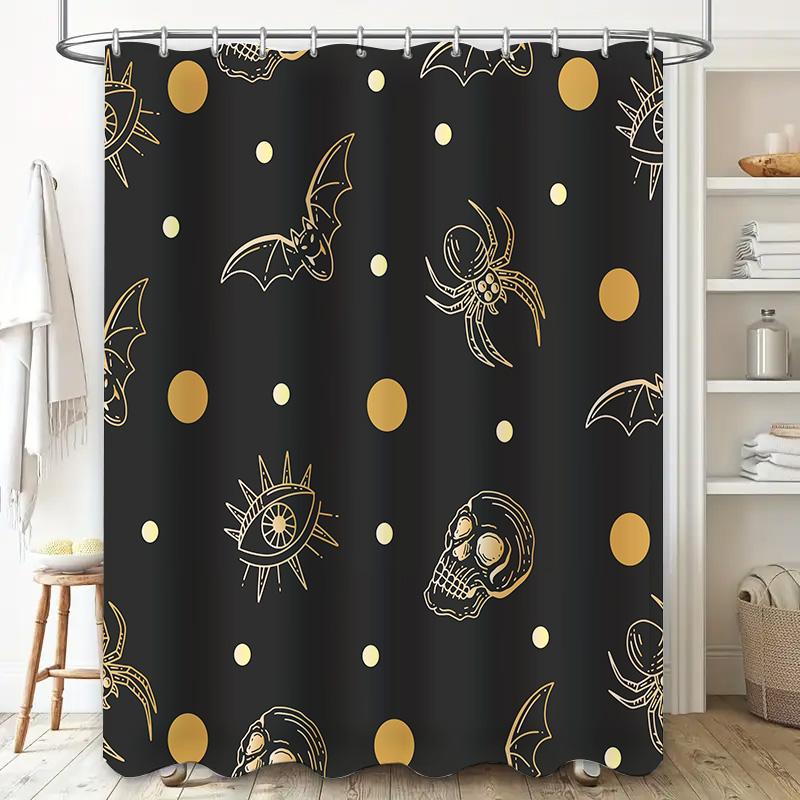 Dark Gothic Halloween Shower Curtain Set with Bat Skull Spider Moon Eyes Sun Decorative Bathroom Accessories Black Gold 3D Print