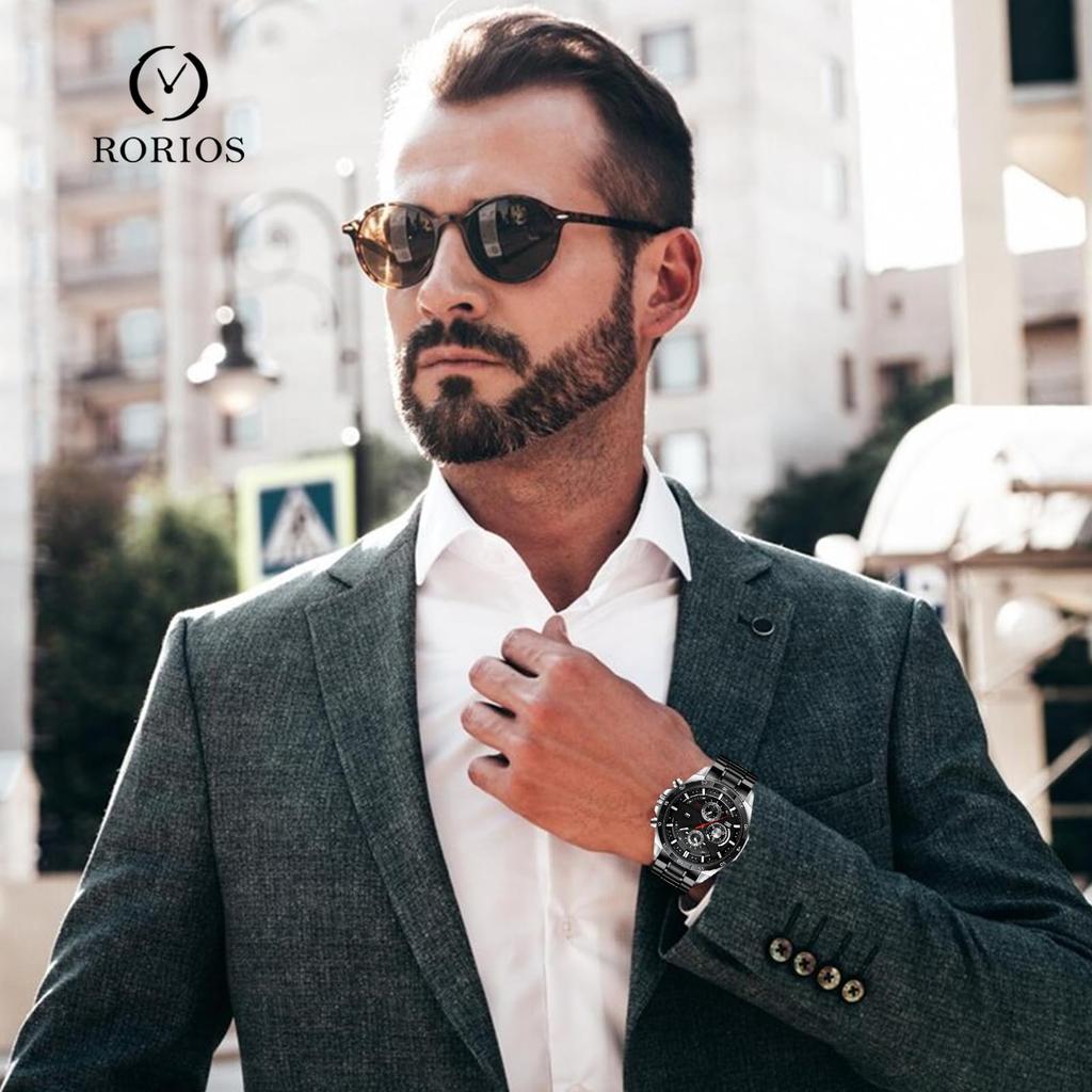 RORIOS Men's Watch Date Display Luminous Quartz Watch Popular Wristwatch 30M Waterproof Stylish Casual Business Job Hunting Watch for Man Gift Silver