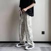 Men Pants Elastic Waist Adjustable Drawstring Wide Leg Casual Trousers with Pockets Letter Print Corduroy Pants