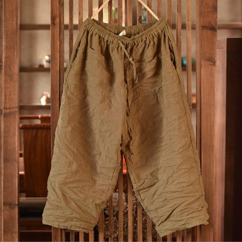 

Johnature Women Vintage Elastic Waist Pants Casual Belt Spring Trousers Solid Color Patchwork Pockets Long Pants L