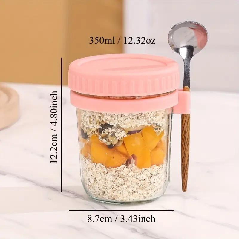 Portable Glass 2pcs 350ml Overnight Oats Cup with Spoon - Breakfast Cup - Salad Jar Yogurt Cup 12.32oz
