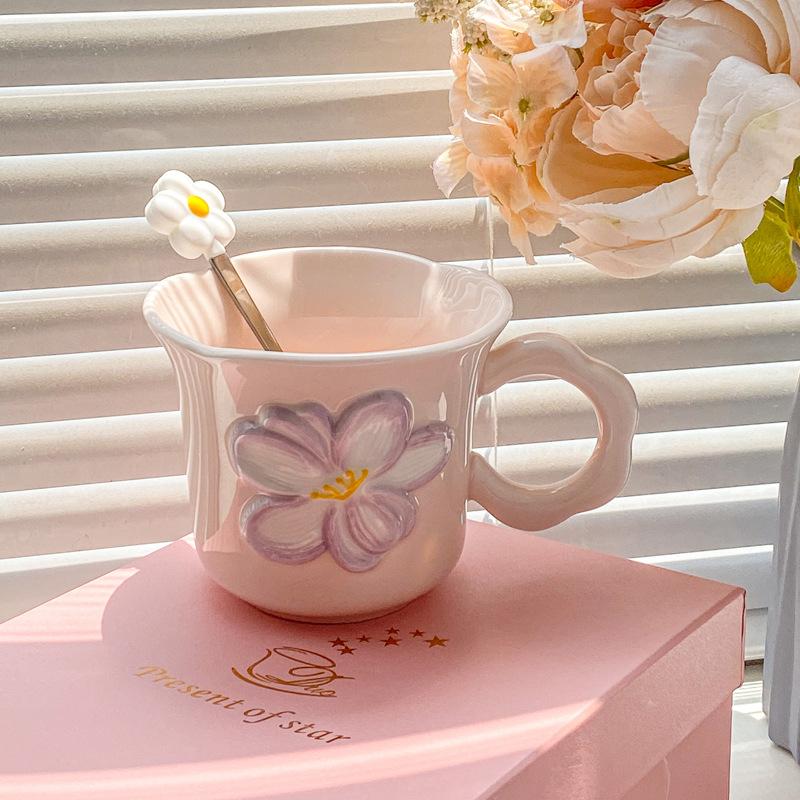 Ins Style High Value Flower Mug Girls Office Ceramic Drinking Cup Korean Coffee Cup Milk Cup