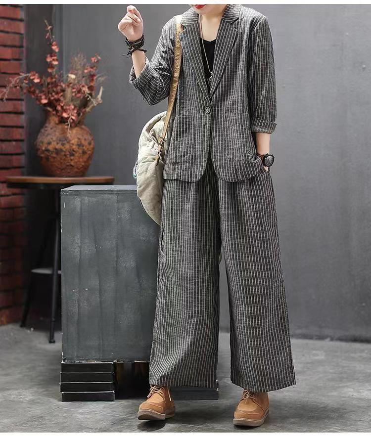Høst/Vinter Damesett Vintage Stripe Løstsittende Todelt Dress Bukser