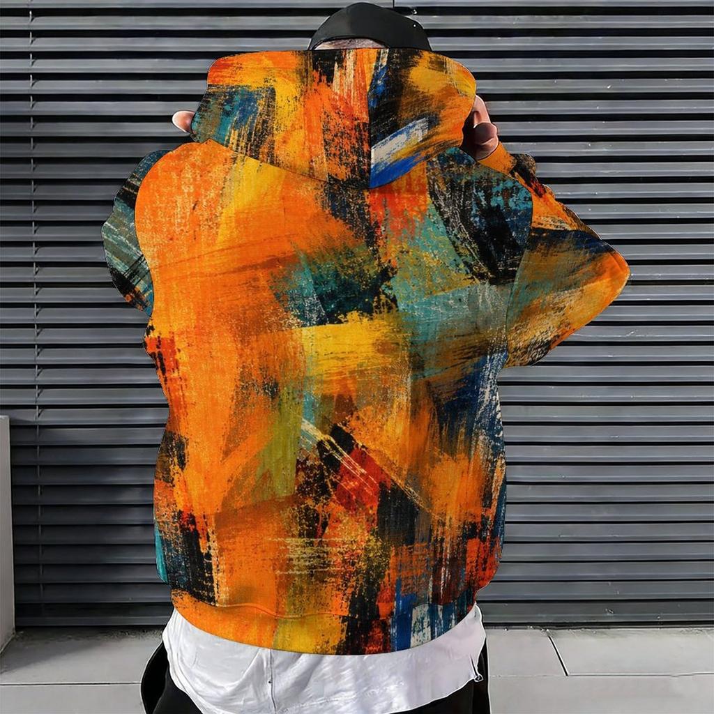 Men Plus Size Green Brown White Tie Dye Printed Long Sleeve Drawstring Hoodie Kangaroo Pocket Pullover