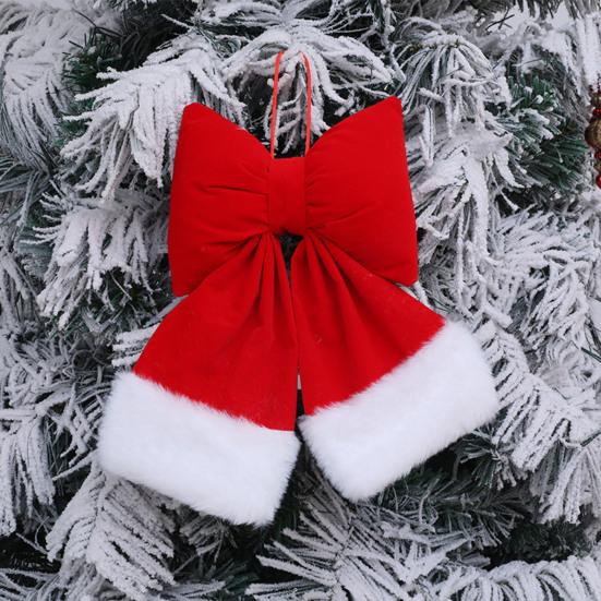 Velvet Christmas Bow Large Plush Stuffed Christmas Tree Hanging Bow with Fluffy White Fur Trim for Holiday Tree Fireplace Party Decoration