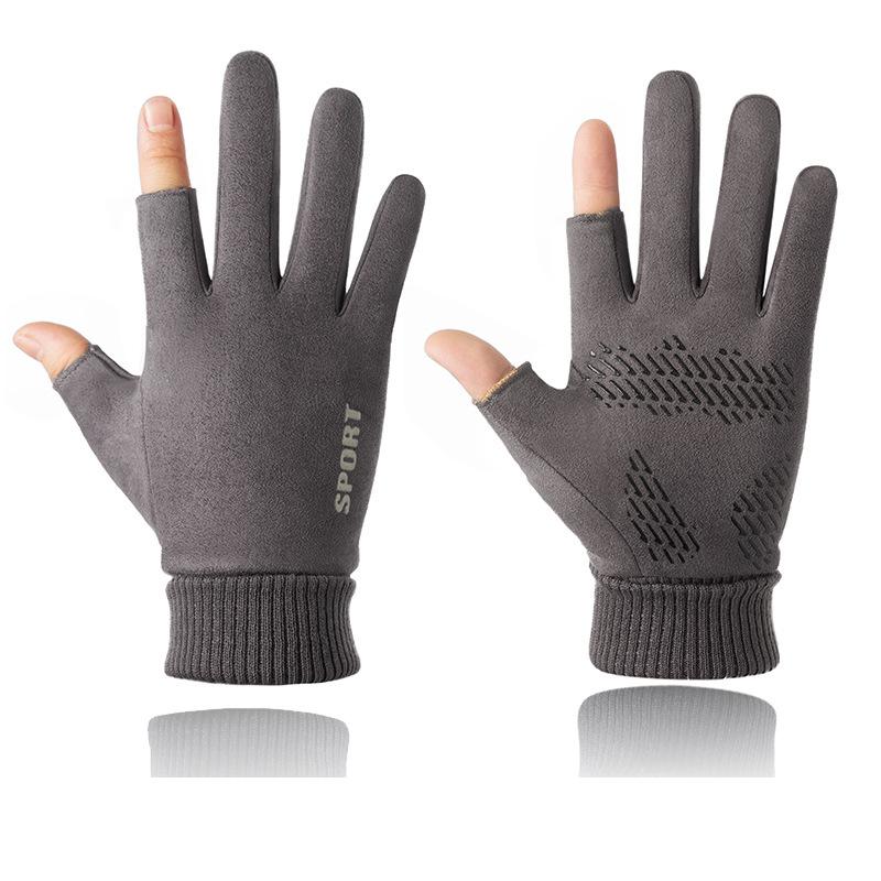 

Зимние замшевые перчатки для спорта, езды, мотоцикла, с открытыми двумя пальцами, флисовые, утолщенные, мужские теплые перчатки One size