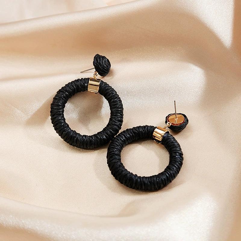 Simple Niche Design Earrings, Beach Vacation Wind Woven Earrings, Straw Woven Hollow Round Exaggerated Personalized Earrings