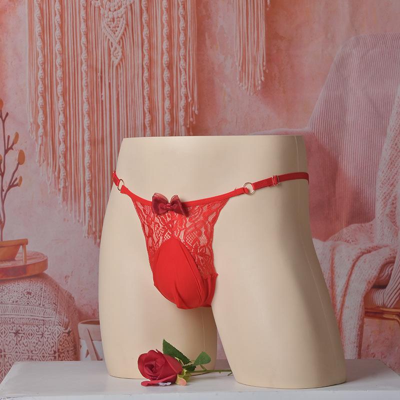 Men'S Sweet Bow Full Lace Underwear Sexy Sheer Sissy Pouch Panties Crossdressers Underwear Adjust Waist Low Waist T-Back Thong