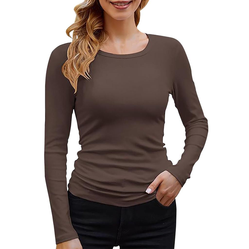 Camiseta Básica de Manga Larga para Mujer, Cuello Redondo, Canalé, Color Liso