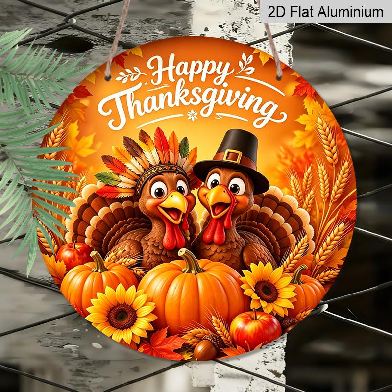 2D Flat, 1pc Round Aluminum Hanging Sign, Happy Thanksgiving Cute Cartoon Turkeys Pumpkin Sunflower Maple Wheat Apple Metal Wall Decor, Warm Orange