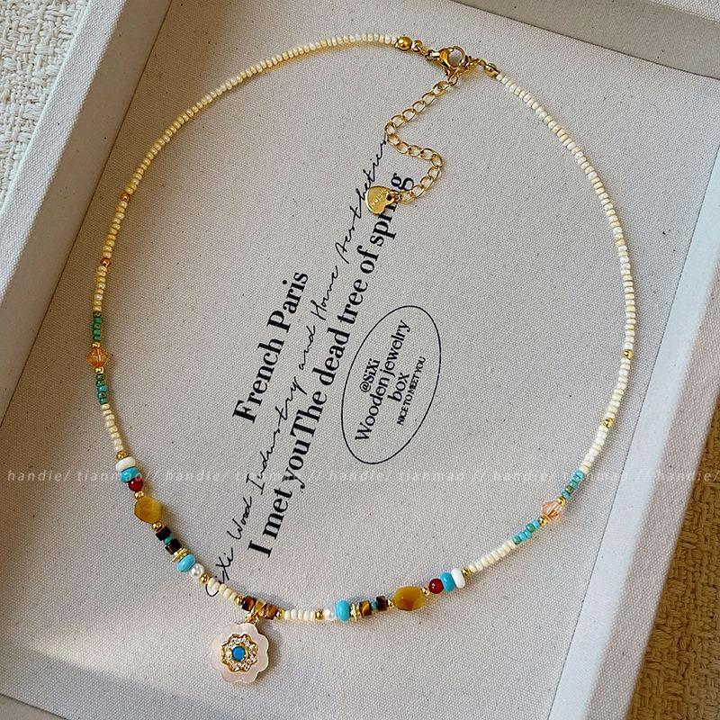 Sunflower Beaded Necklace - Elegant and Fashionable - Small Pearl - Natural Stone - Collar Chain - Necklace
