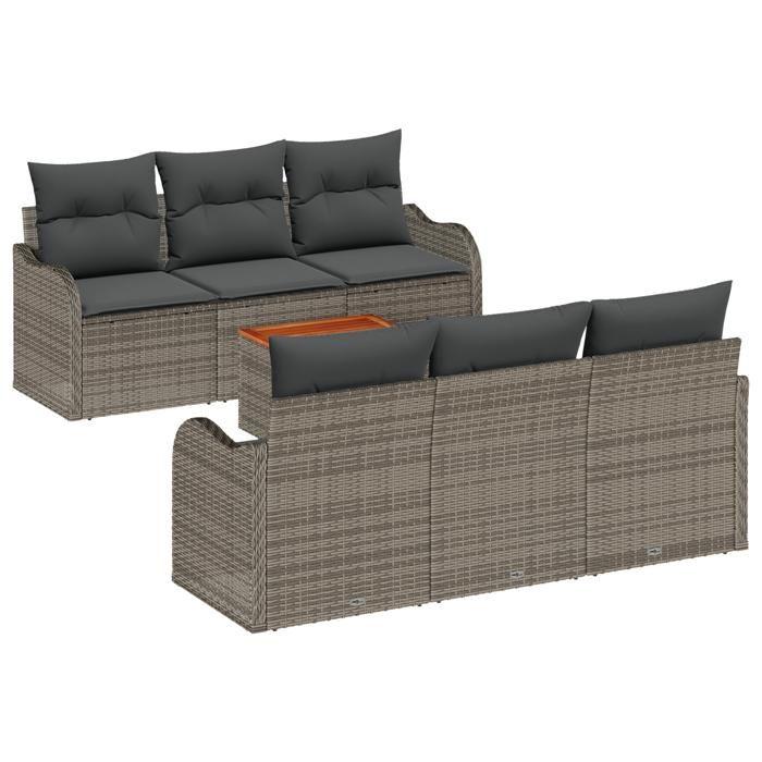 Ensemble de jardin 7 pièces avec coussins en poly rotin gris, Canapé de jardin 2 places avec coussins en poly rotin gris 3347398