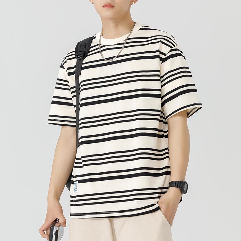 Sailor Style Japanese Striped Cotton Short Sleeve Men's T-Shirt: Loose Fit for Couples & Teens