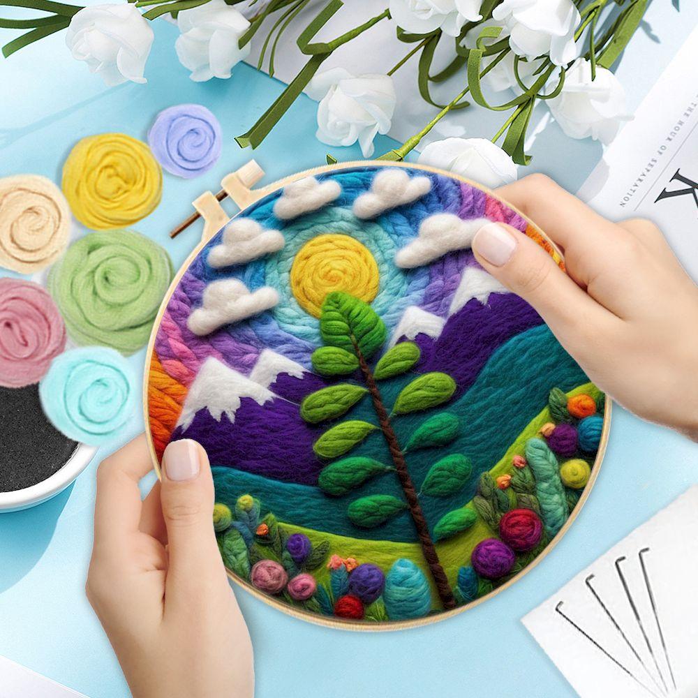 CHENISTORY Wool Felt Painting Diy Creative Making Wool Felt Kit With Embroidery Colorful Scenery Needle Wool Painting Complete K