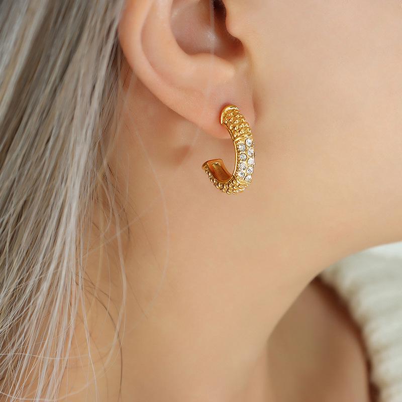 18K Gold Plated Zirconia C-shaped Earrings - European & American Design, Non-fading Titanium Steel Studs