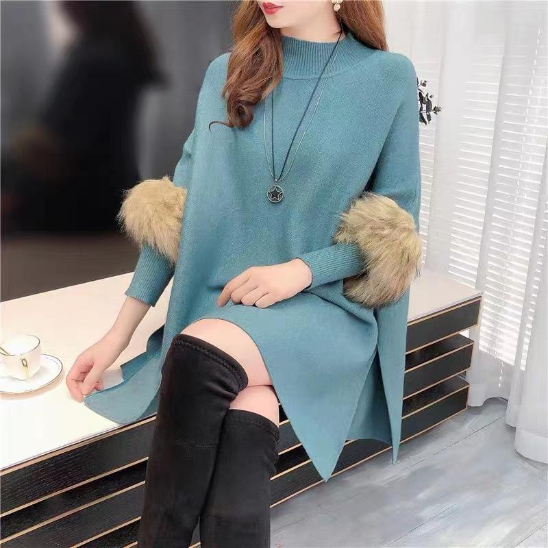 Autumn and Winter New Fur Sleeve Cape Shawl Half High Collar Knitted Pullover Sweater Loose Jacket for Women