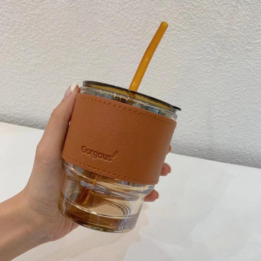 Bamboo Shaped Glass Cup with Leather Cover, Anti-Scalding, Good for Coffee and Tea Stylish and Portable Ideal for Home or Office