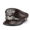 Exclusive Real Cowhide Military Cap Man Genuine Leather Flat Top Hat Fashion Eaglemark Chain Punk Locomotive Casquette Male