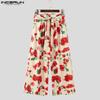 INCERUN Men Belt Zipper Waist Floral Print Casual Long Wide Legs Pants