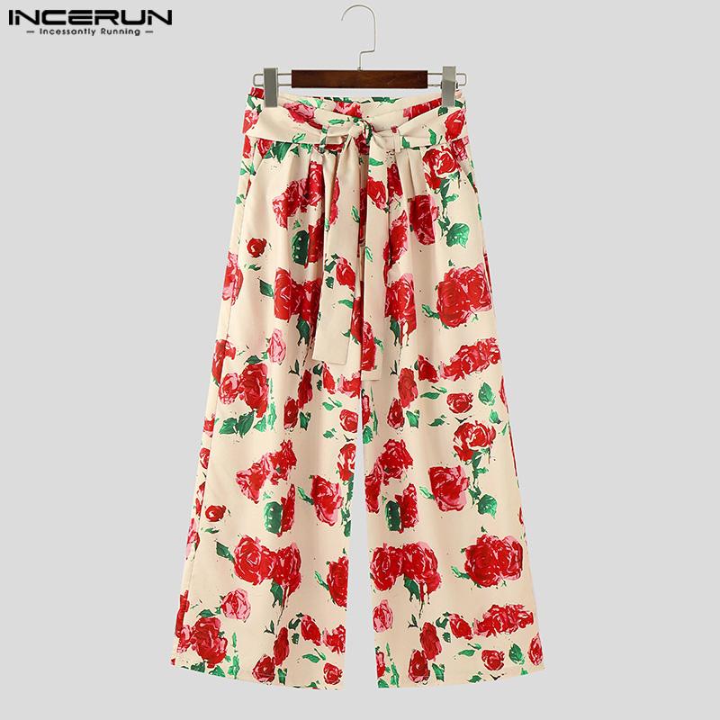 INCERUN Men Belt Zipper Waist Floral Print Casual Long Wide Legs Pants