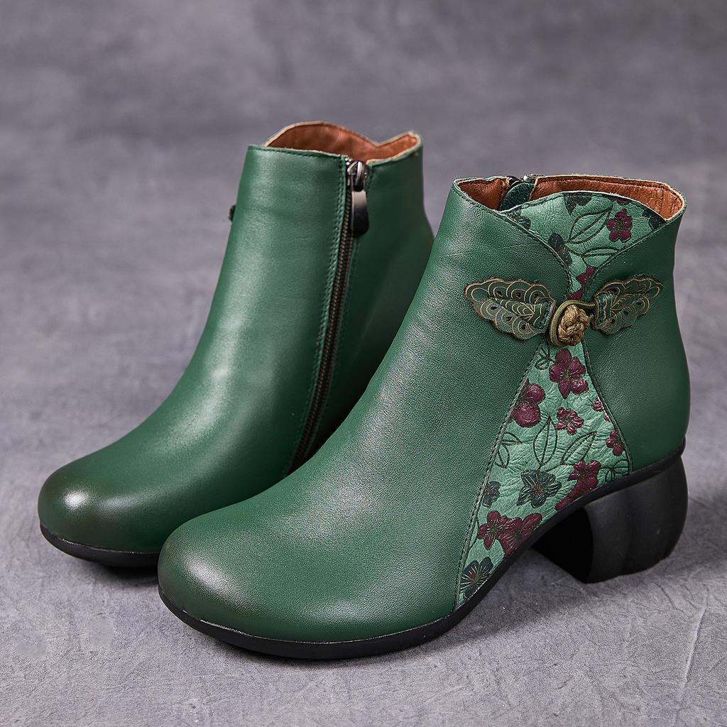 Fashion GKTINOO Genuine Leather Ankle Boots 2025 Winter New Ethnic Printed Women's Boots Soft Soles Thick Heels Mother's Leather Boots