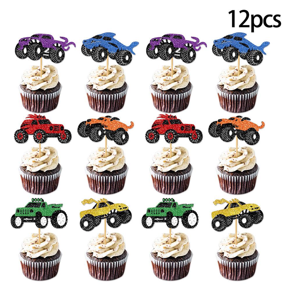 Monster Road Off Vehicle Pattern Party Cake Glitter Paper Plugin Decoration