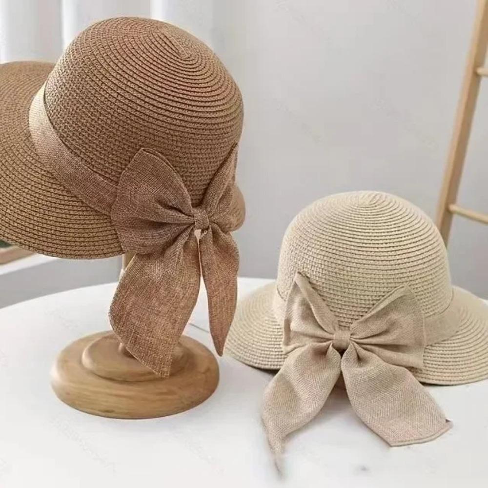 Korean Style Summer Sun Protection Woven Women'S Straw Hat Bow Tie Elegant Beach Hat Large Brim Sun Hat for Vacation Sun Hat