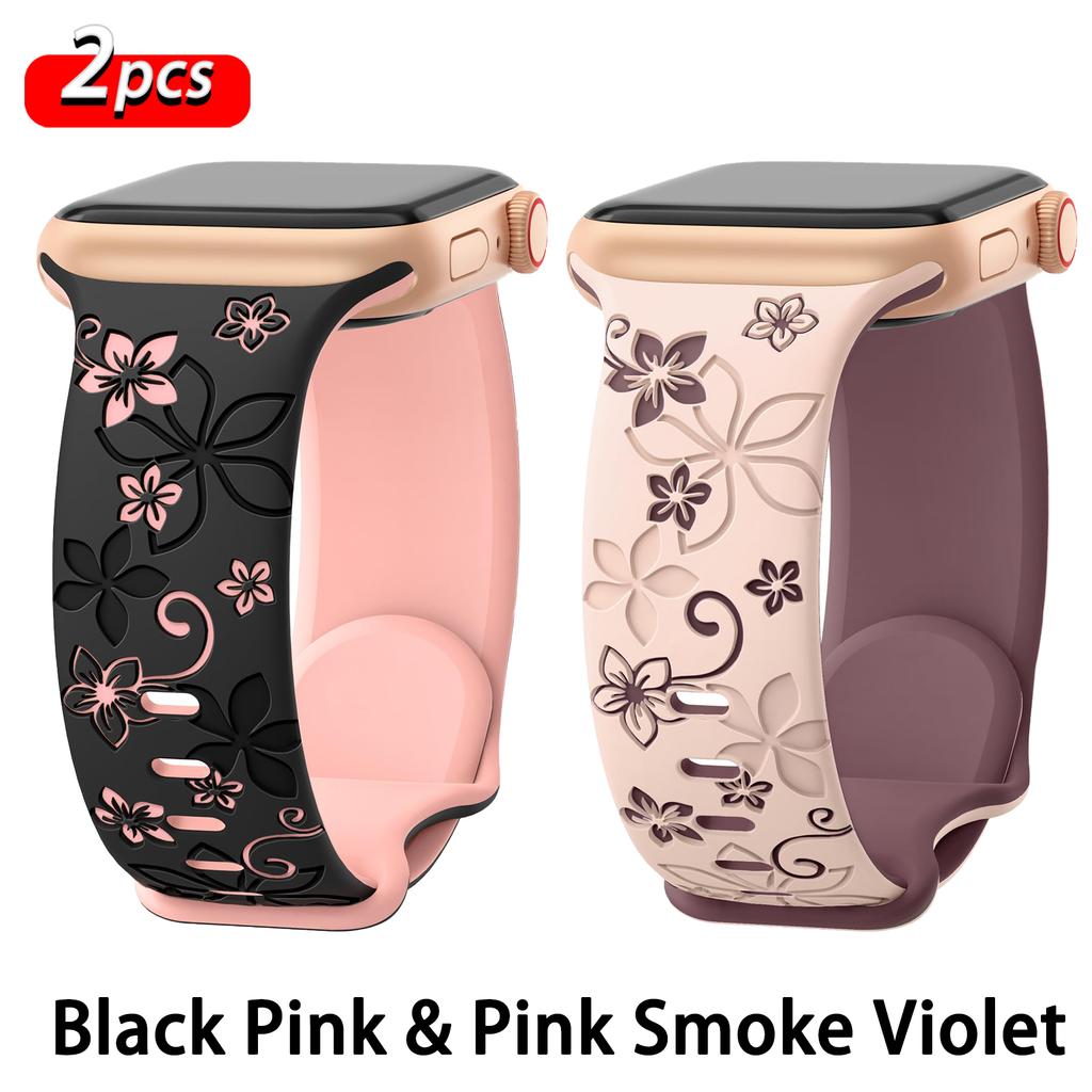 Floral Engraved Strap For Apple Watch Band 46mm 41mm 40mm 44mm 45mm 42mm 49mm Silicone Sport iWatch Series 11 10 SE 9 8 Ultra 2