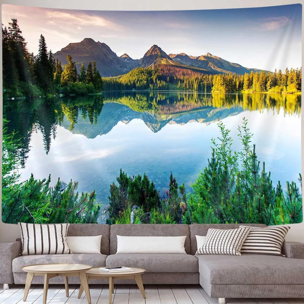 Mountain Tapestry Colorful Sunset Reflection Tapestry Nature Meadow Tapestry Wall Hanging for Bedroom Living Room Dorm Decor
