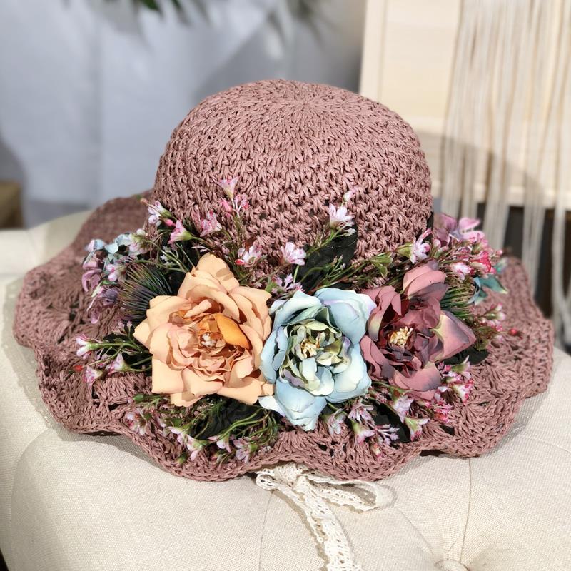 Handwoven Hollow Rose Flower Straw Hat Female Summer Small Fresh Pastoral Lace Strap Big Eaves Beach Hat