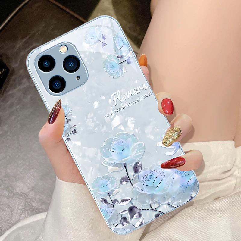 Rose Pink Flower Cluster For IPhone 16 Pro Max 15 Pro 14 13 12 Mini 11 XS Max XR 7 8 Plu SE 2022 Tempered Glass Phone Case