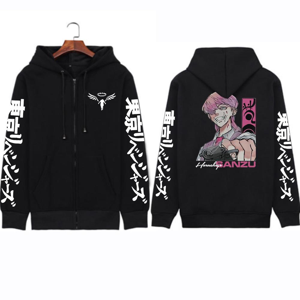 Harajuku Anime Tokyo Revengers Sanzu Haruchiyo Printed Hooded Men Women Zip Hoodies Manga Sweatshirt Unisex Zip Up Jacket XS чёрный 2179₽