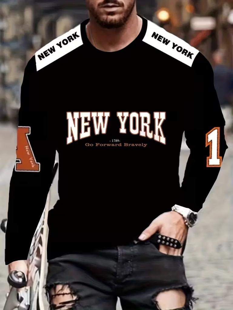 Mens T Shirt Los Angeles 3D Print Long Sleeve Autumn Striped Round Neck Outdoor Sports T-Shirt for Men Daily Men's Tops Clothing