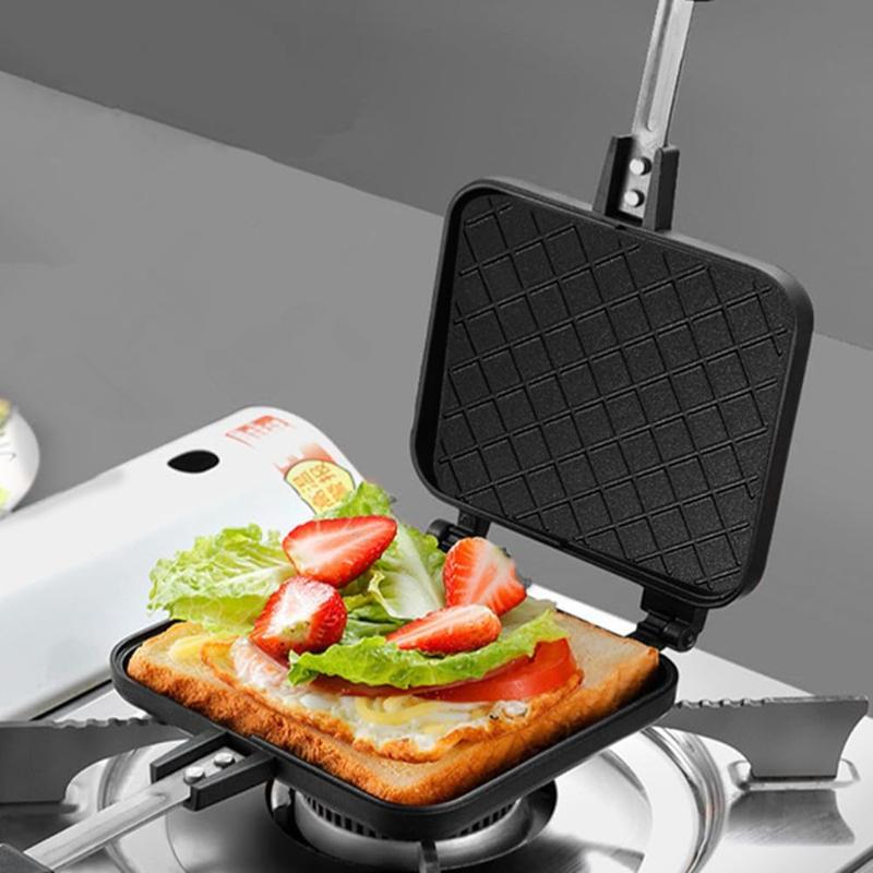 Double-Sided Non-Stick Panini Sandwich Maker Stove Top Grill Pan with Aluminum Flip Tray Perfect for Breakfast Waffles  Snacks
