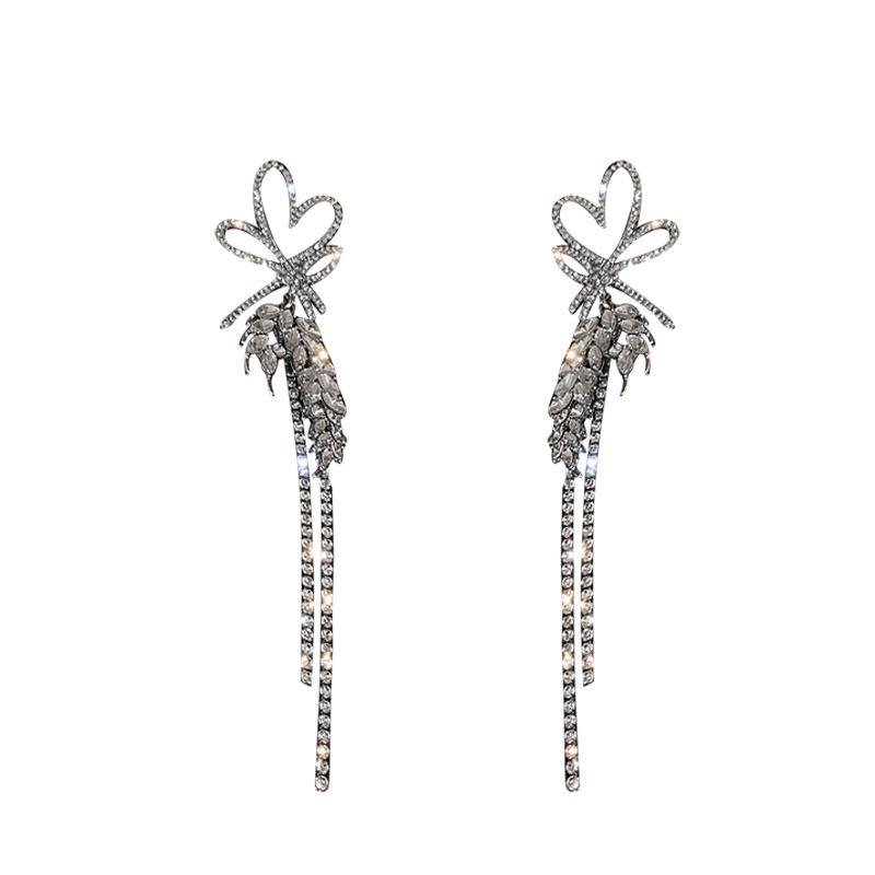 Silver Needle Diamond Love Earrings European and American Fashion Long Fringed Bow Earrings Retro Earrings Temperament Women