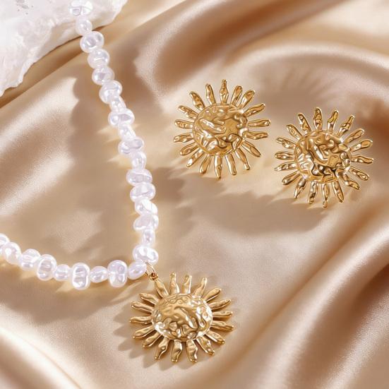 Böhmische Ohrringe Halskette Unregelmäßige Kette Imitation Perlen Halskette Retro Abgenutzte Sonnenform Ohrstecker Gesicht Schlankmachender Schmuck