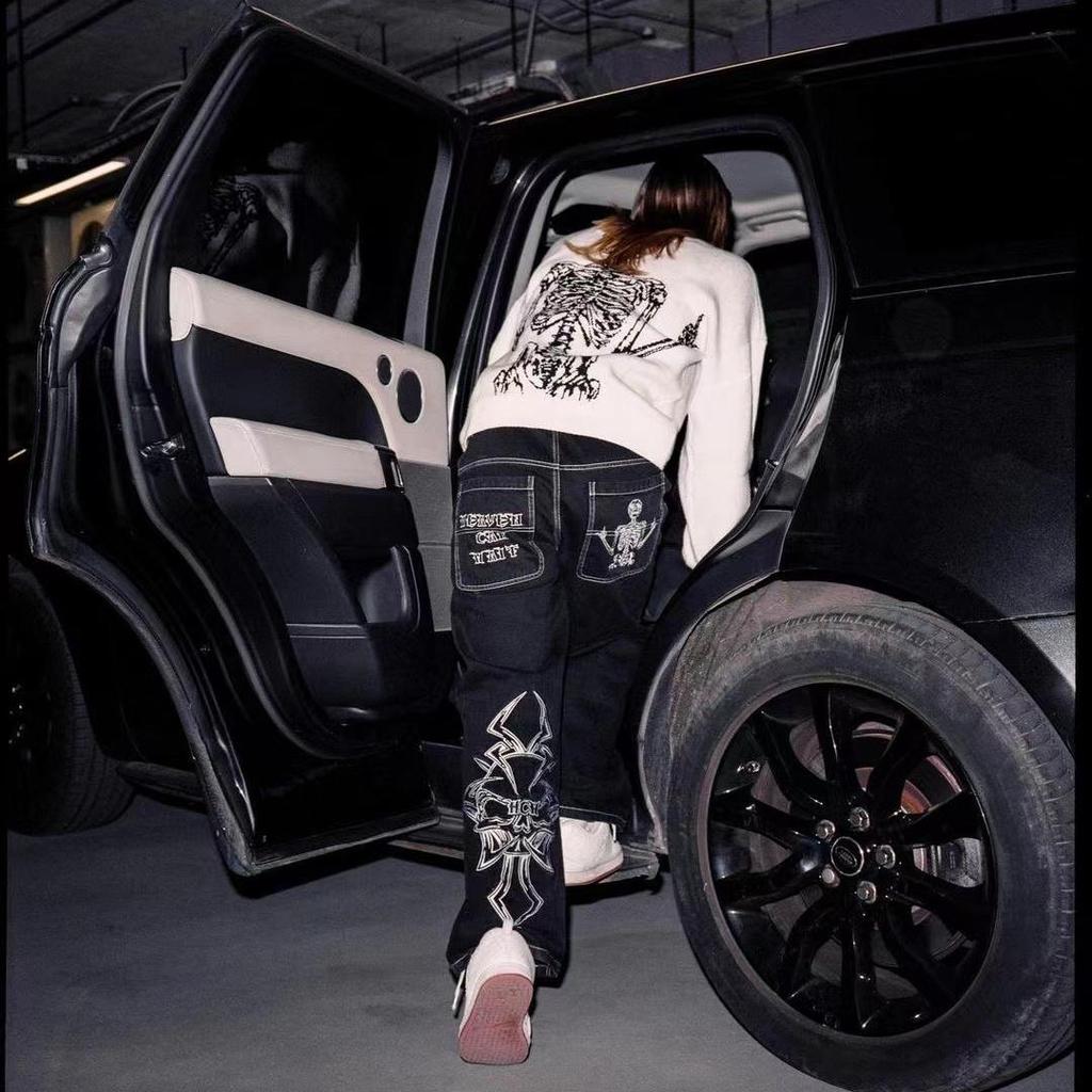 Y2K Jeans Uomo Hip Hop Retro Ricamo Teschio Lavato Pantaloni Larghi in Denim Nuovo Dritto Casual Allentato Gamba Larga Pantaloni Streetwear