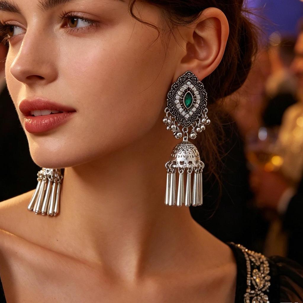 Cross-Border Retro Miao Silver Earrings with Peacock Bell Tassels and Hollowed Leaves