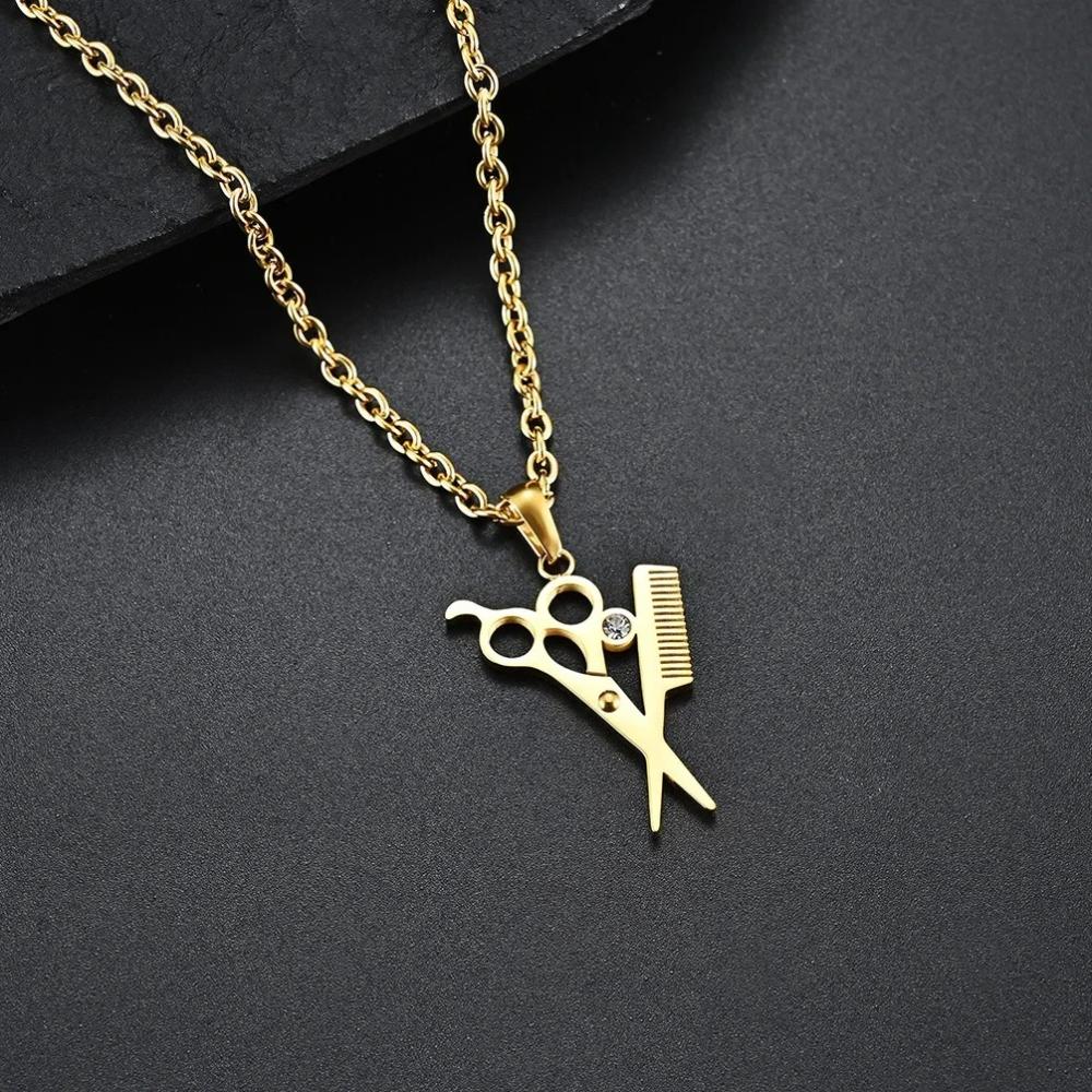 Hairstylist Scissors Comb Pendants Necklaces Stainless Steel Men Personalized Versatile Haircut Necklace Fashion Jewelry Gift